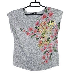 Womens ECLA Heather Gray Pink & Gold Floral T Shirt Cap Sleeve Polyester Size S